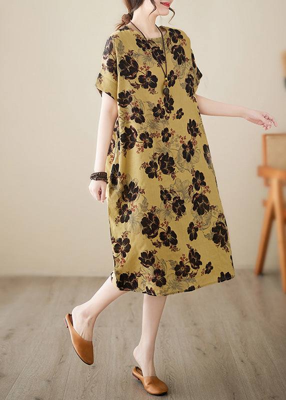 French Yellow Print Patchwork Holiday Long Dress Short Sleeve