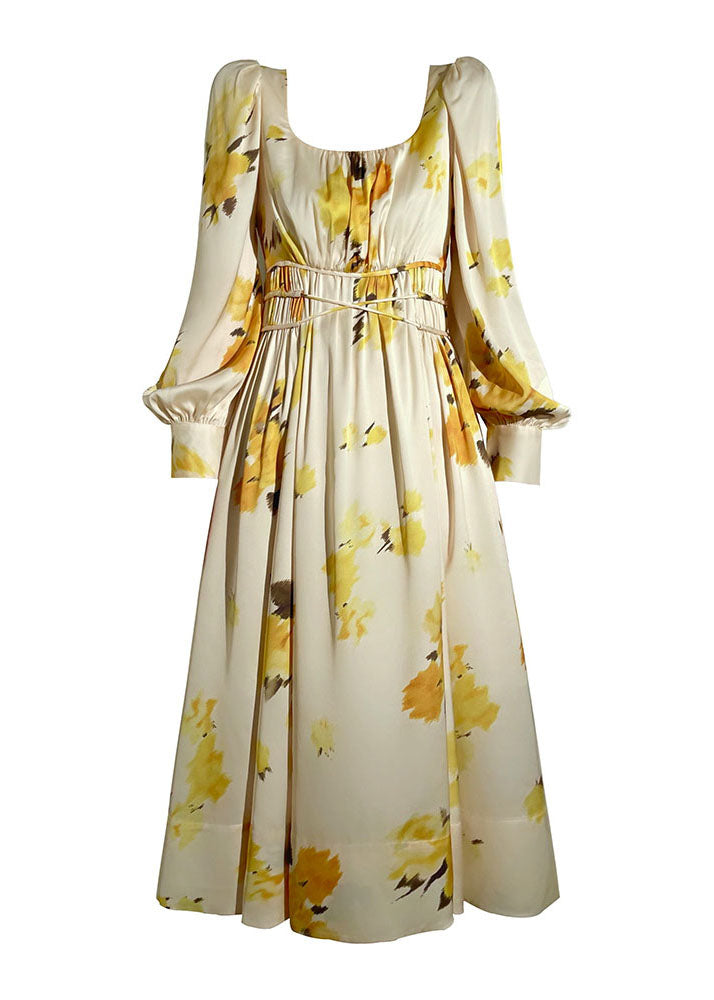 French Yellow Print Square Collar Exra Large Hem Silk Maxi Dresses Long Sleeve