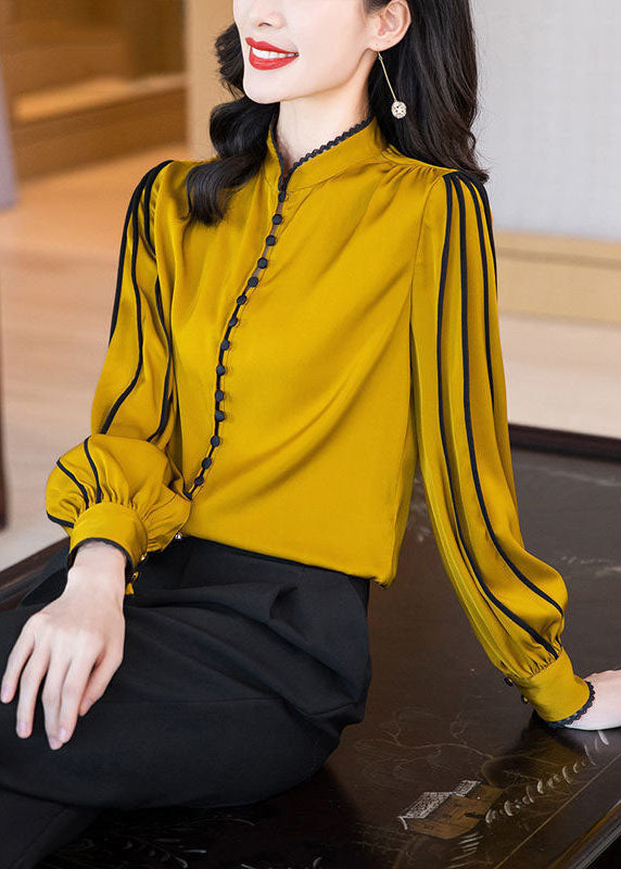 French Yellow Stand Collar Button Draping Silk Shirt Top Long Sleeve