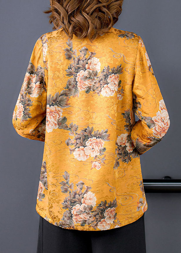 French Yellow Stand Collar Chinese Button Print Silk Outwear Spring