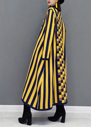 French Yellow Striped Hign Neck Patchwork Knit Long Dress Fall