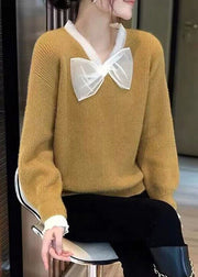 French Yellow V Neck Bow Patchwork Woolen Knitted Sweaters Fall