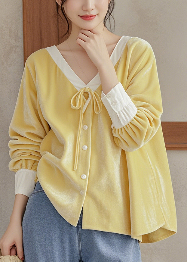 French Yellow V Neck Lace Up Silk Velour Shirt Top Fall