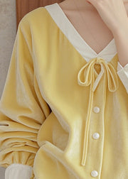 French Yellow V Neck Lace Up Silk Velour Shirt Top Fall