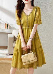 French Yellow V Neck Patchwork Cotton Party Dress Summer