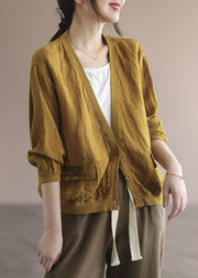 French Yellow V Neck Patchwork Pockets Linen Jackets Spring