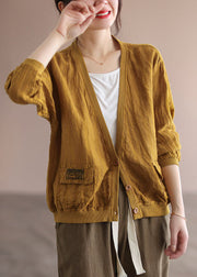 French Yellow V Neck Patchwork Pockets Linen Jackets Spring