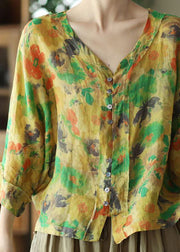 French Yellow V Neck Print Linen Shirts Summer