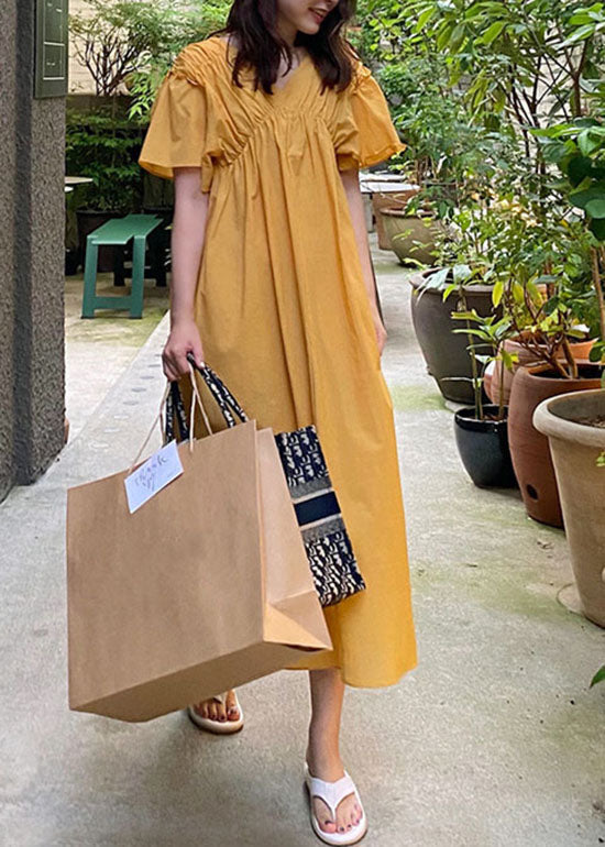 French Yellow V Neck Wrinkled Patchwork Cotton Long Dress Summer