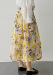 French Yellow Wrinkled Print Elastic Waist Cotton Skirt Summer