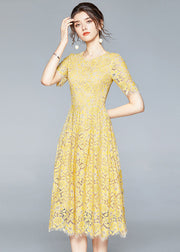 French Yellow Zip Up Slim Fit Lace Party Dress Short Sleeve