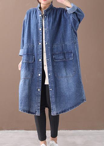 French denim blue Plus Size box coat Shape stand collar drawstring coat - bagstylebliss