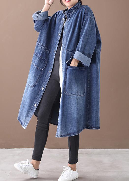 French denim blue Plus Size box coat Shape stand collar drawstring coat - bagstylebliss