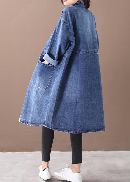 French denim blue Plus Size box coat Shape stand collar drawstring coat - bagstylebliss