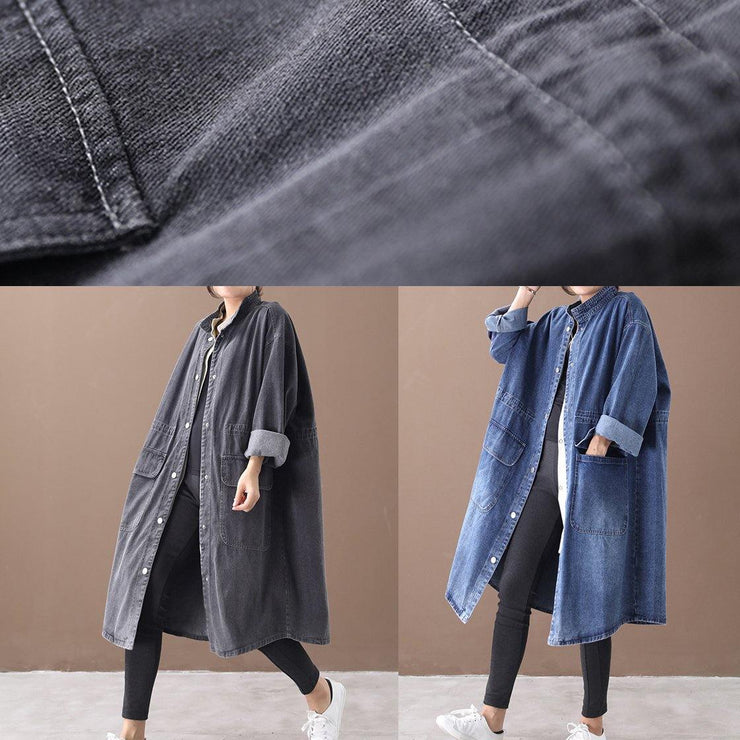 French denim blue Plus Size box coat Shape stand collar drawstring coat - bagstylebliss