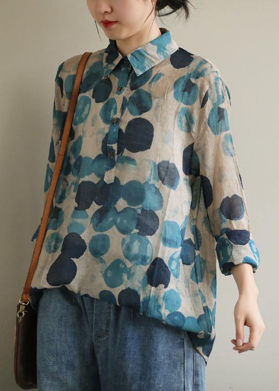 French lapel fall Tunic Wardrobes blue dotted blouses - bagstylebliss