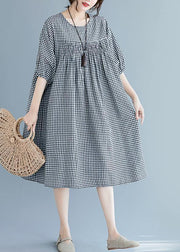 French o neck lantern sleeve clothes For Women pattern black Plaid Dresses summer - bagstylebliss