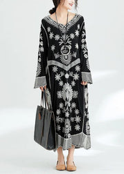 French black print v neck baggy chiffon robes spring Dresses