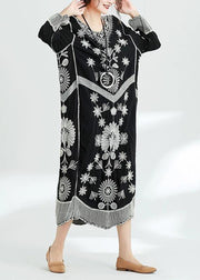 French black print v neck baggy chiffon robes spring Dresses