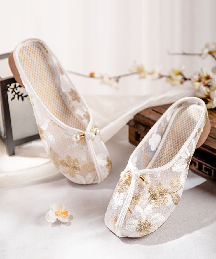 Gold Chunky Slide Sandals Tulle Comfy Splicing Hollow Out Embroideried