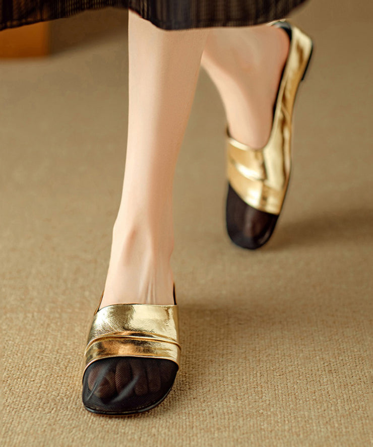 Gold Cowhide Leather Handmade Splicing Tulle Slide Sandals