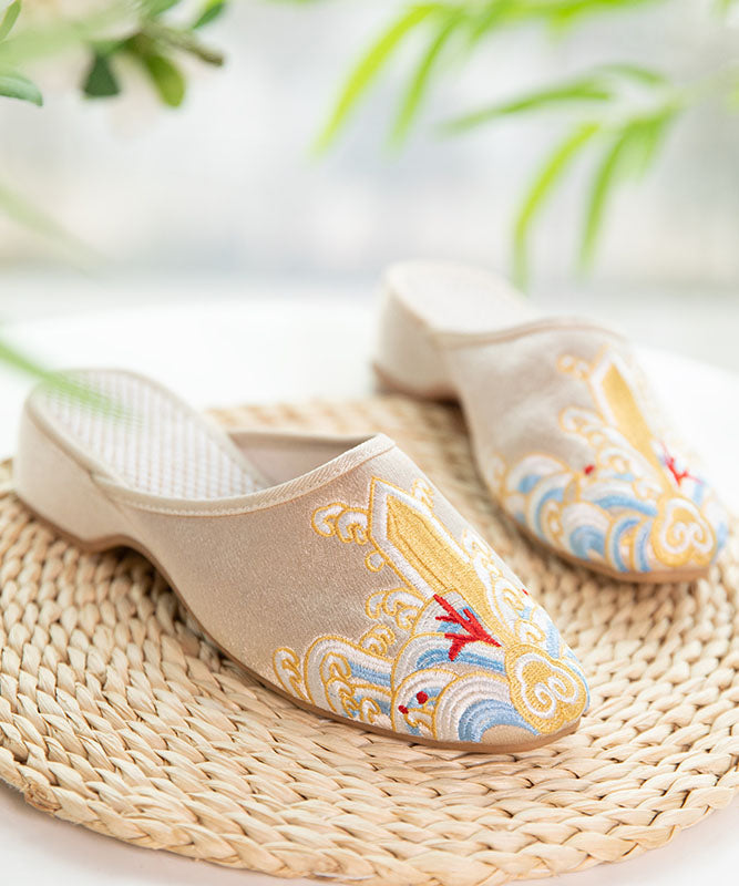 Gold Satin Slide Sandals Splicing Pointed Toe Embroideried Women