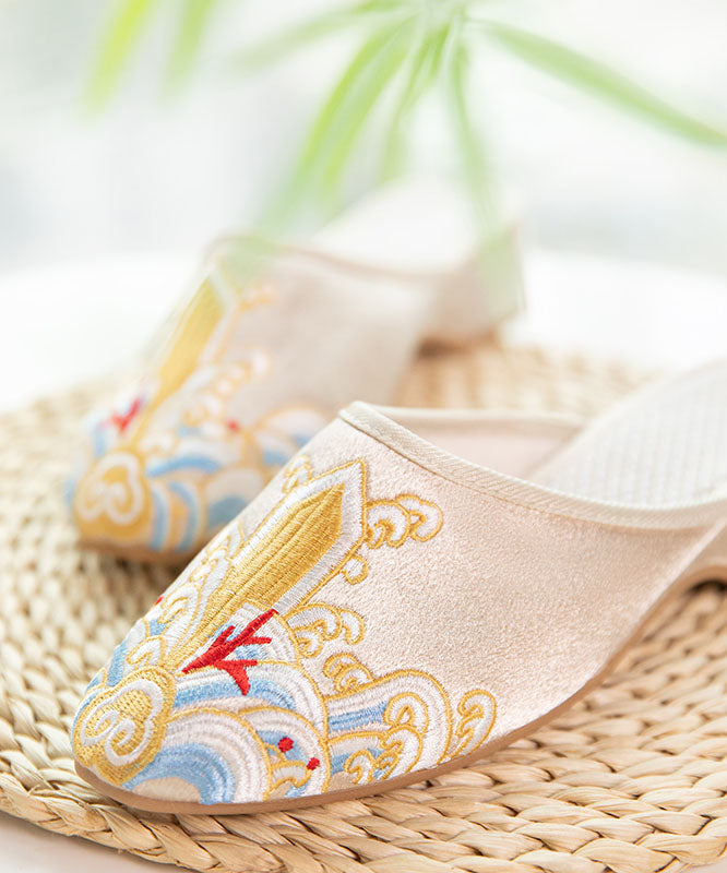 Gold Satin Slide Sandals Splicing Pointed Toe Embroideried Women