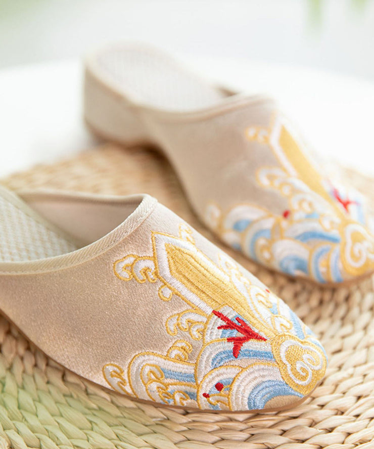 Gold Satin Slide Sandals Splicing Pointed Toe Embroideried Women