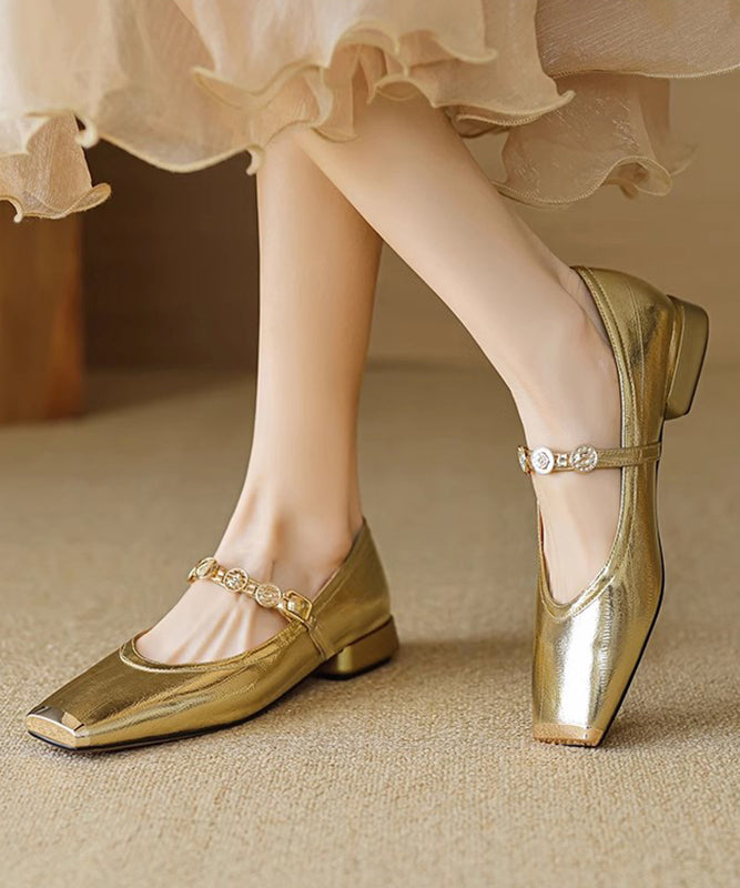 Gold Splicing Stylish Flat Shoes Square Toe Buckle Strap