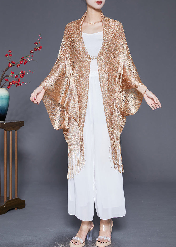 Golden Loose Knit Cardigan Tasseled Batwing Sleeve