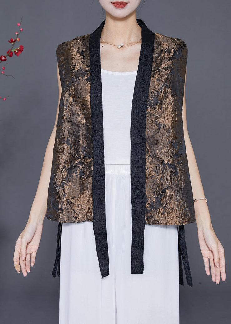 Golden Patchwork Silk Vest V Neck Jacquard Fall