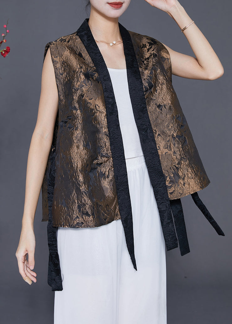 Golden Patchwork Silk Vest V Neck Jacquard Fall