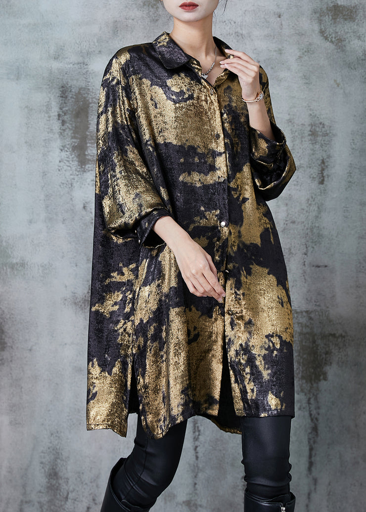 Golden Tie Dye Silk Velour Long Shirts Oversized Fall