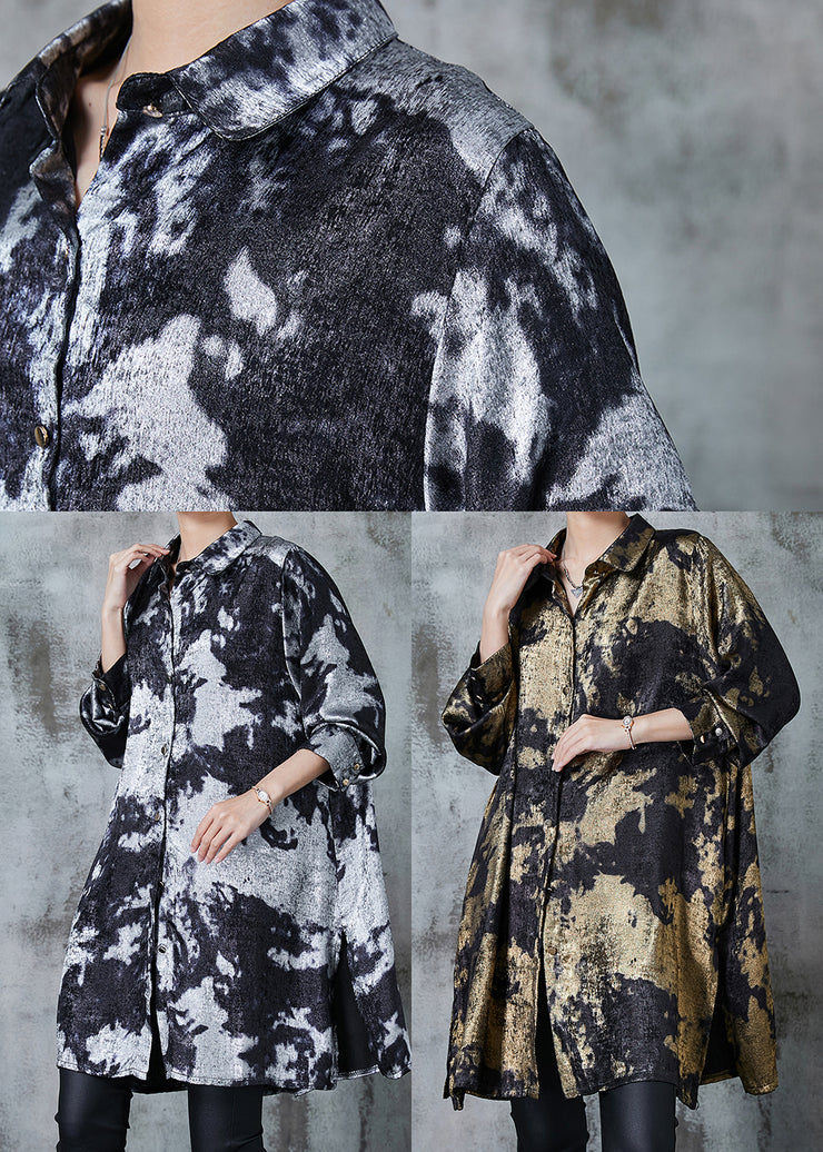 Golden Tie Dye Silk Velour Long Shirts Oversized Fall