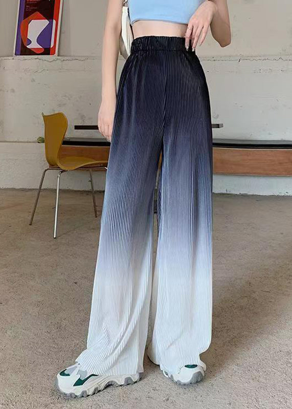 Gradient Color Blue Elastic Waist Ice Silk Wide Leg Pants Fall