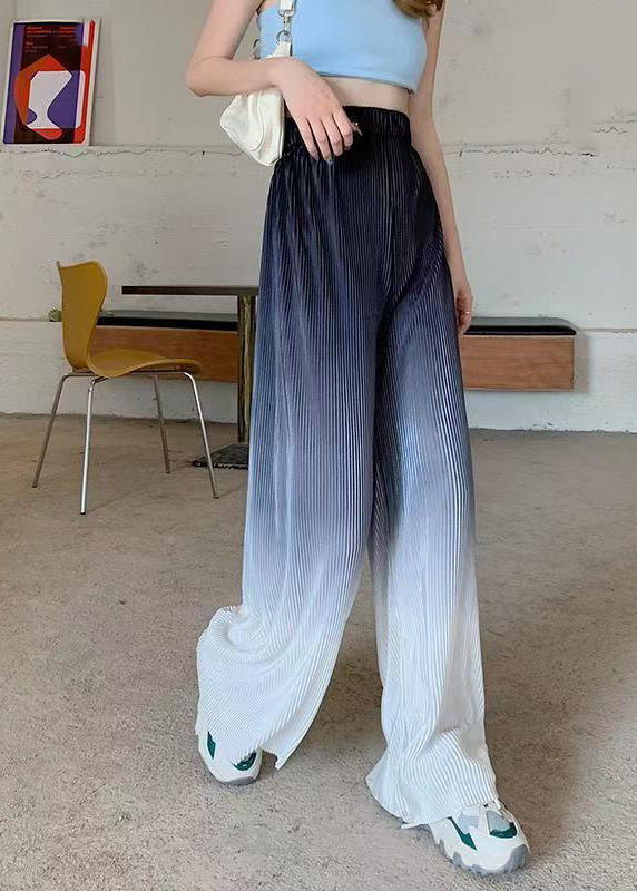 Gradient Color Blue Elastic Waist Ice Silk Wide Leg Pants Fall