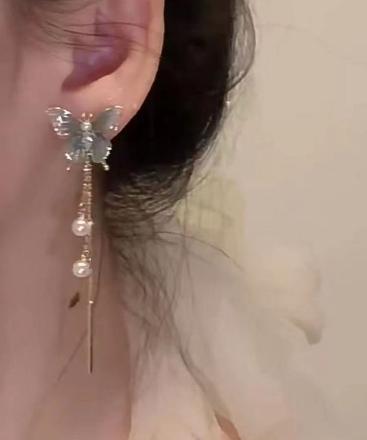 Gradient Color Blue Metal Butterfly Pearl Tassel Drop Earrings