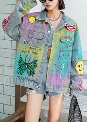 Gradient Color Blue Peter Pan Collar Graffiti Pockets Denim Coats Fall