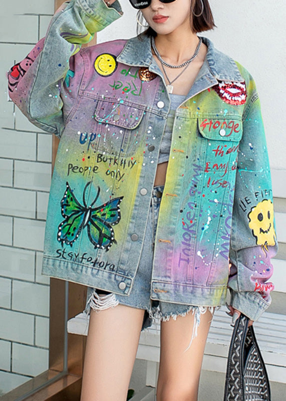 Gradient Color Blue Peter Pan Collar Graffiti Pockets Denim Coats Fall