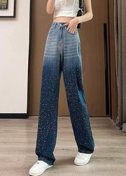 Gradient Color Blue Pockets High Waist Zircon Wide Leg Jeans