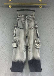 Gradient Color Grey Pockets Patchwork Straight Jeans Fall