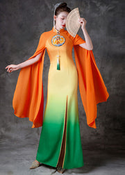 Gradient Color Orange Stand Collar Side Open Silk Fishtail Dresses Fall