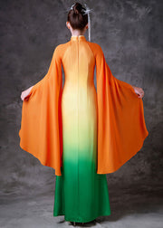 Gradient Color Orange Stand Collar Side Open Silk Fishtail Dresses Fall