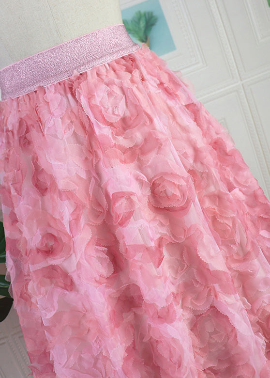 Gradient Color Pink Rose Embroideried Floral High Waist Tulle Maxi Skirt Spring