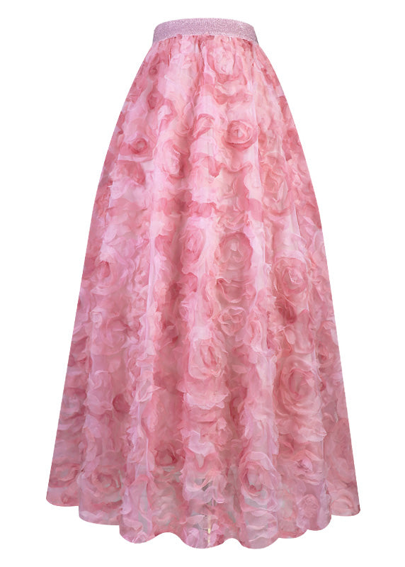 Gradient Color Pink Rose Embroideried Floral High Waist Tulle Maxi Skirt Spring