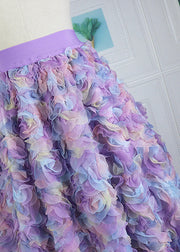 Gradient Color Purple Embroideried Floral Elastic Waist Tulle Maxi Skirt Long Sleeve