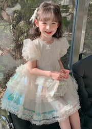 Gradient Color White Ruffled Patchwork Nail Bead Tulle Kids Long Dress Short Sleeve