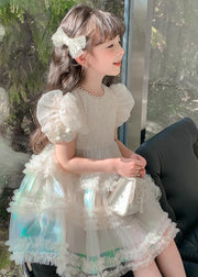 Gradient Color White Ruffled Patchwork Nail Bead Tulle Kids Long Dress Short Sleeve