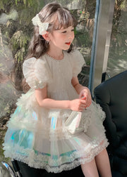 Gradient Color White Ruffled Patchwork Nail Bead Tulle Kids Long Dress Short Sleeve