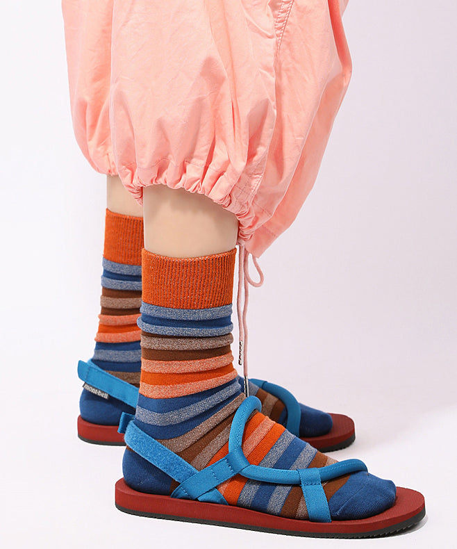 Gradient Striped Rainbow Color Blocking Pile Mid Calf Socks